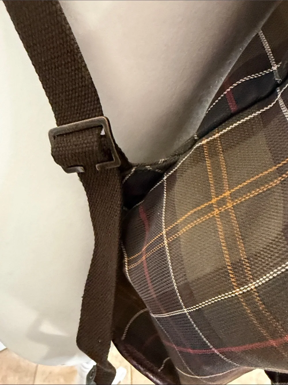 Barbour Brown Tartan Plaid Canvas Backpack with Leather Trim - Picture 6 of 12